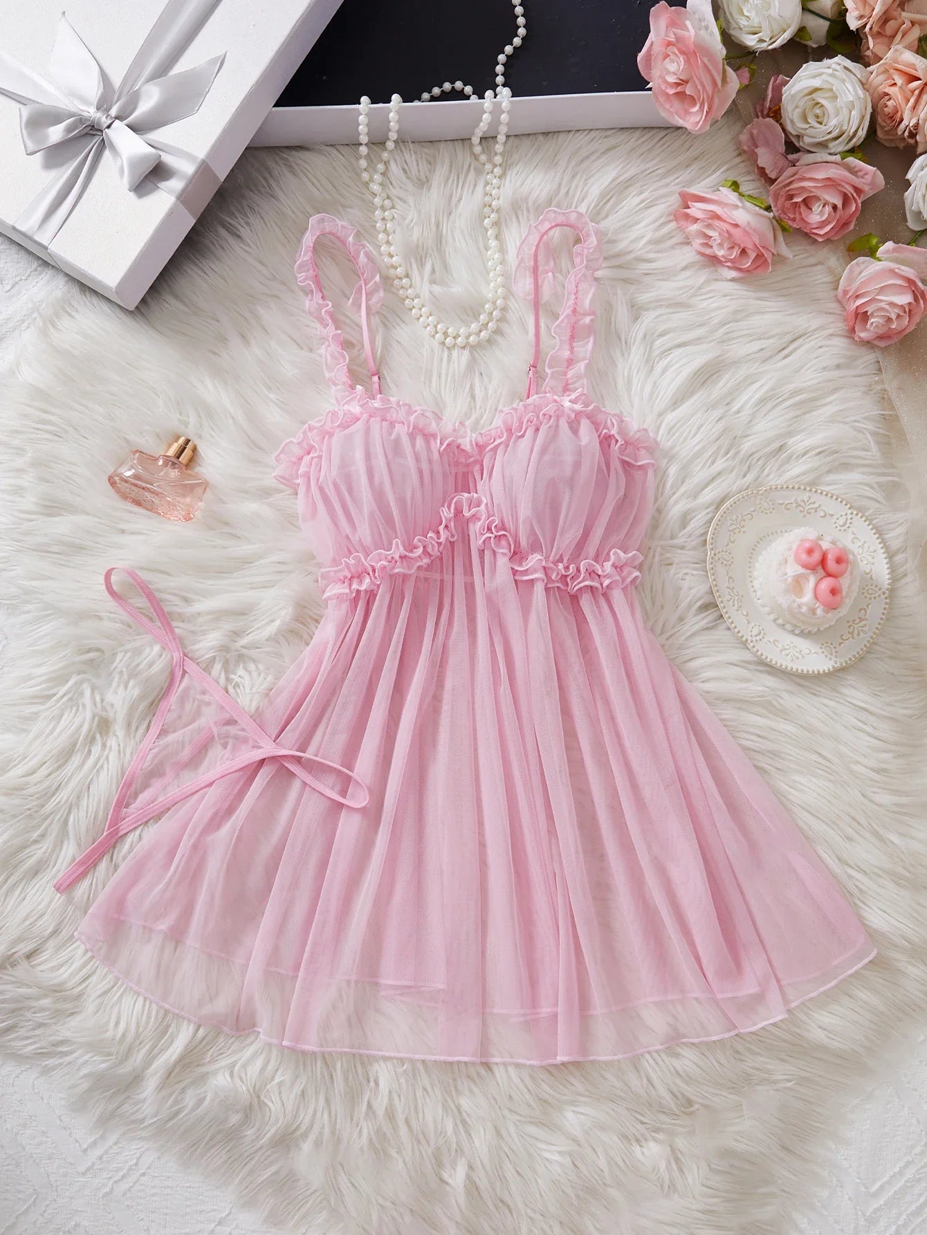 Transparent Babydoll Pink Porn Night Dress Lingerie Sleepwear New Lace Pajama Set + Thong