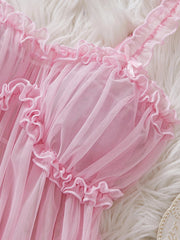 Transparent Babydoll Pink Porn Night Dress Lingerie Sleepwear New Lace Pajama Set + Thong