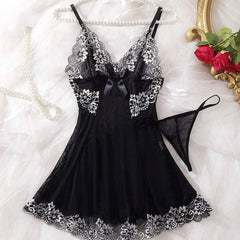 Transparent Black Lingerie Underwear See Through Sleepwear Lace Nightdress And Thongs Pijamas Sets Female Nighty