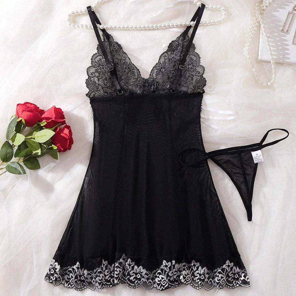 Transparent Black Lingerie Underwear See Through Sleepwear Lace Nightdress And Thongs Pijamas Sets Female Nighty