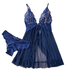 Transparent Blue Lingerie Underwear Sleepwear Lace Nightdress And Panties Pijamas Set Female Nighty