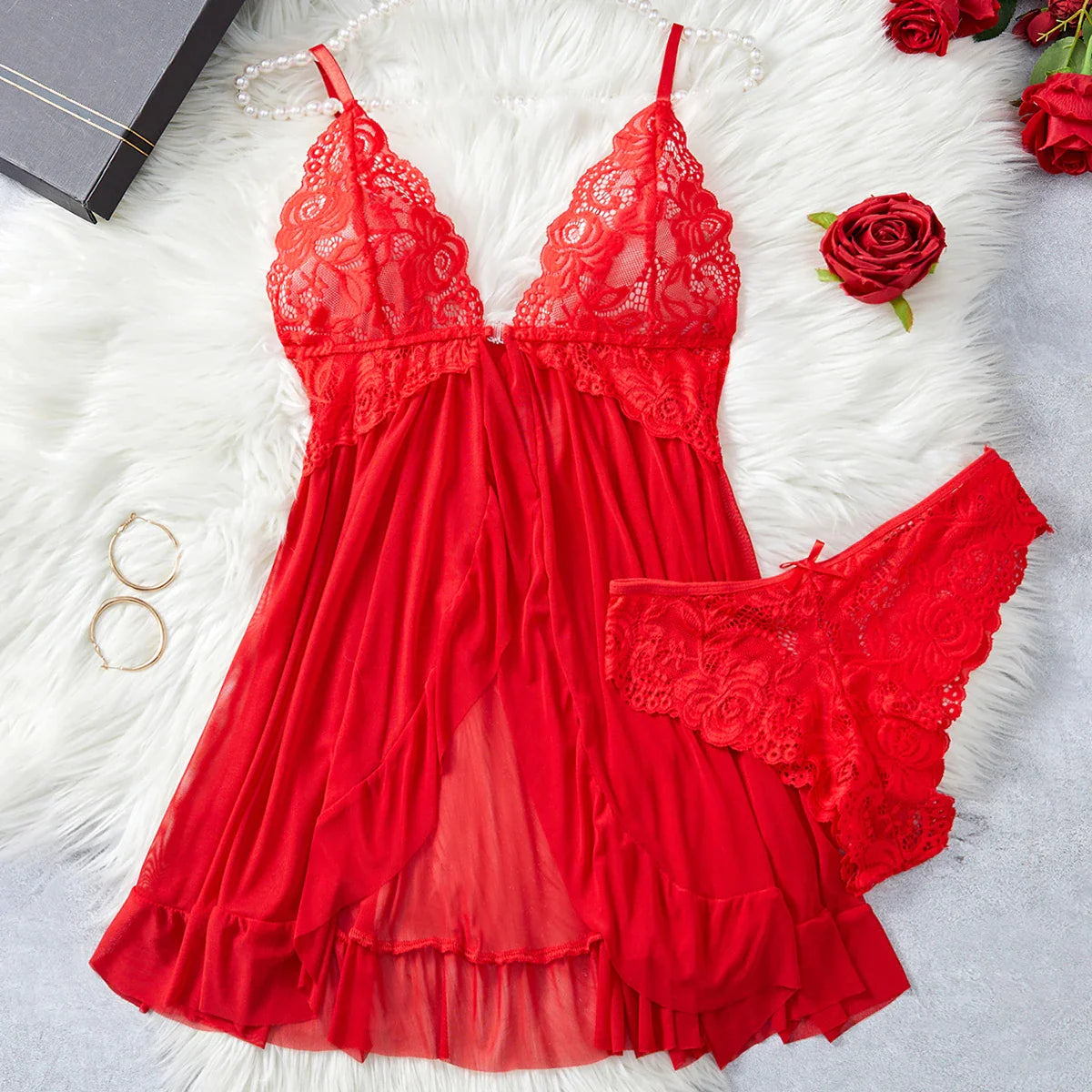 Transparent Blue Lingerie Underwear Sleepwear Lace Nightdress And Panties Pijamas Set Female Nighty