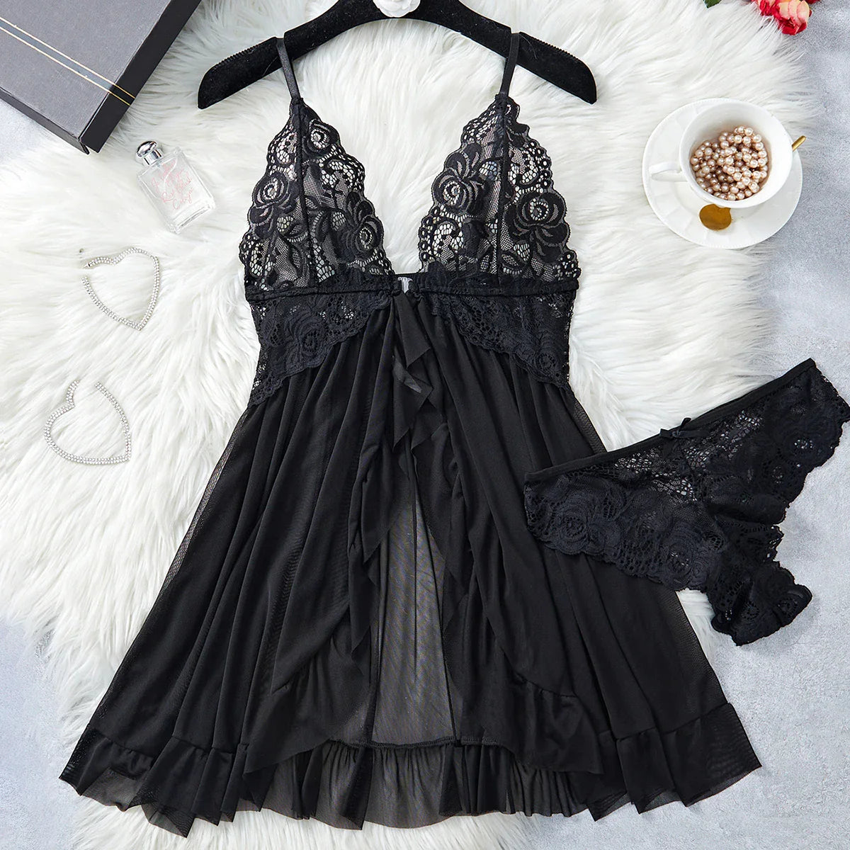 Transparent Blue Lingerie Underwear Sleepwear Lace Nightdress And Panties Pijamas Set Female Nighty