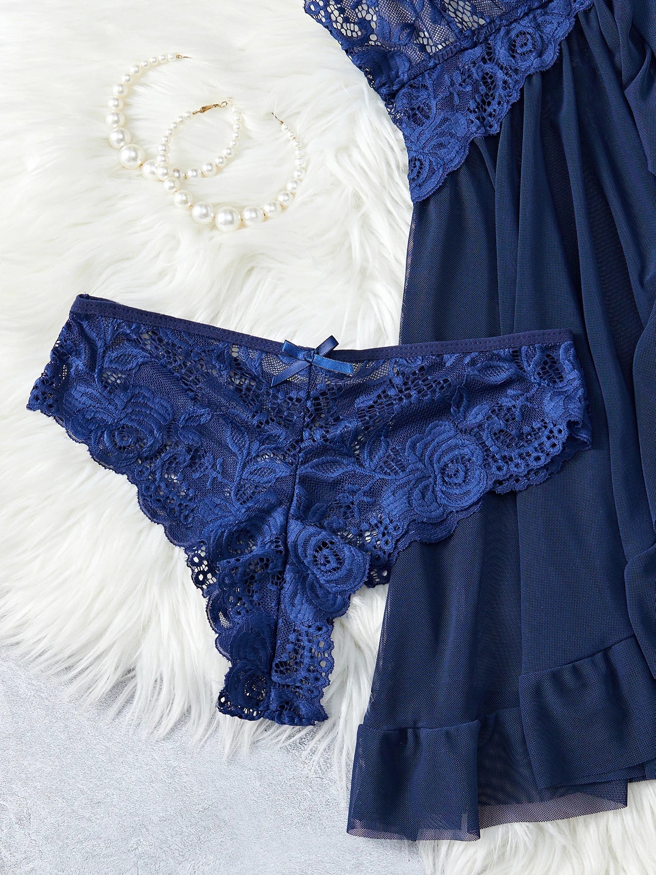 Transparent Blue Lingerie Underwear Sleepwear Lace Nightdress And Panties Pijamas Set Female Nighty