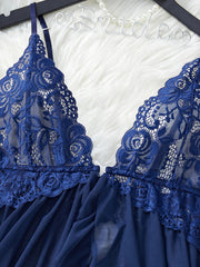 Transparent Blue Lingerie Underwear Sleepwear Lace Nightdress And Panties Pijamas Set Female Nighty