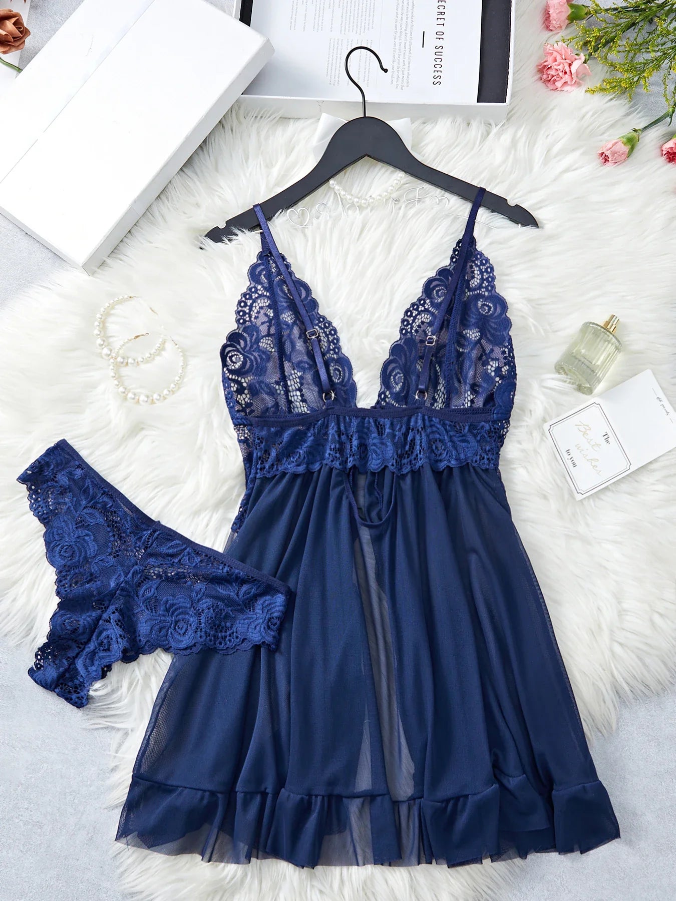 Transparent Blue Lingerie Underwear See Through Sleepwear Lace Nightdress And Panties Pijamas Set Adult Female Nighty