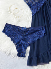 Transparent Blue Lingerie Underwear See Through Sleepwear Lace Nightdress And Panties Pijamas Set Adult Female Nighty