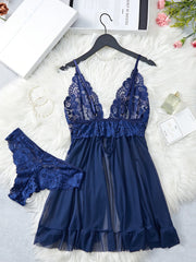 Transparent Blue Lingerie Underwear See Through Sleepwear Lace Nightdress And Panties Pijamas Set Adult Female Nighty