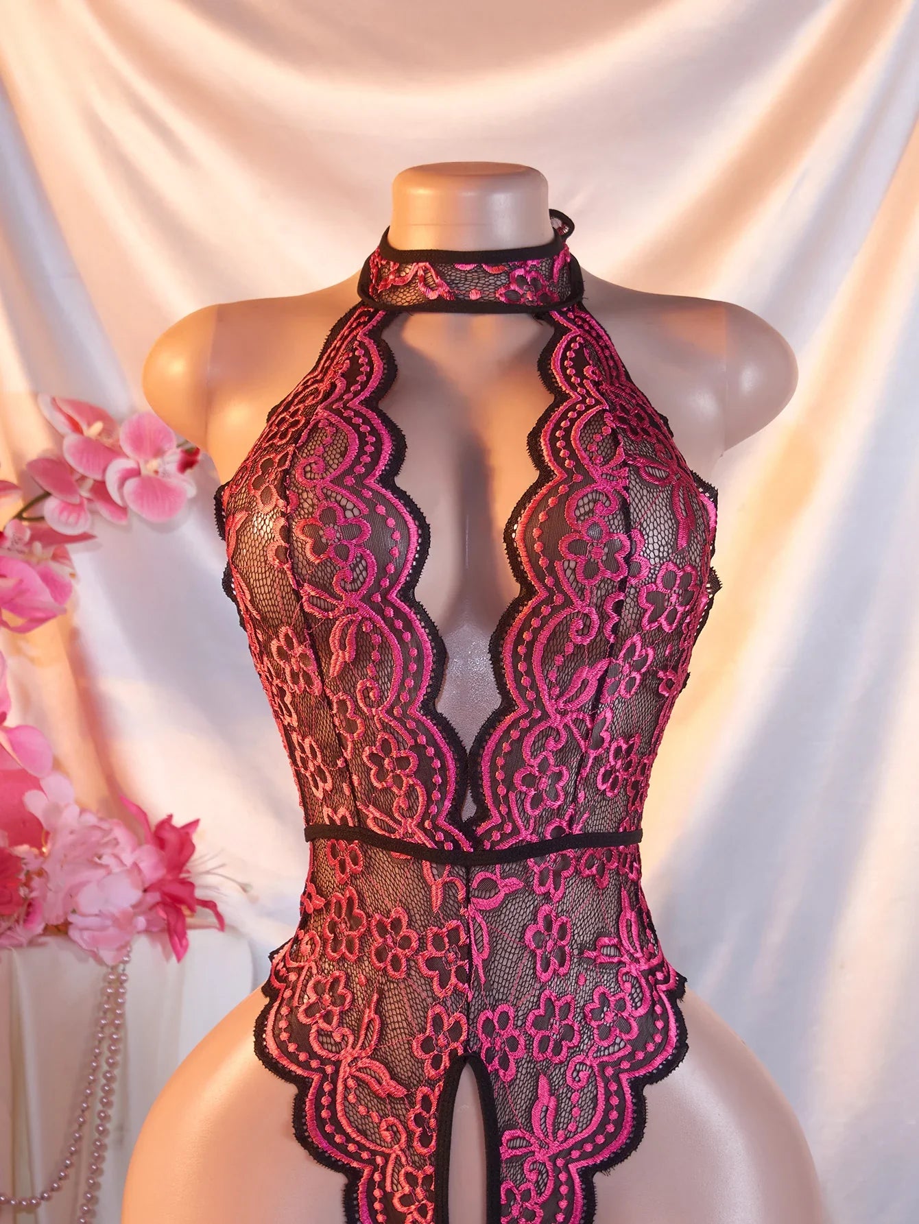 Transparent Lace Deep V Bodysuit Erotic Backless Open Side