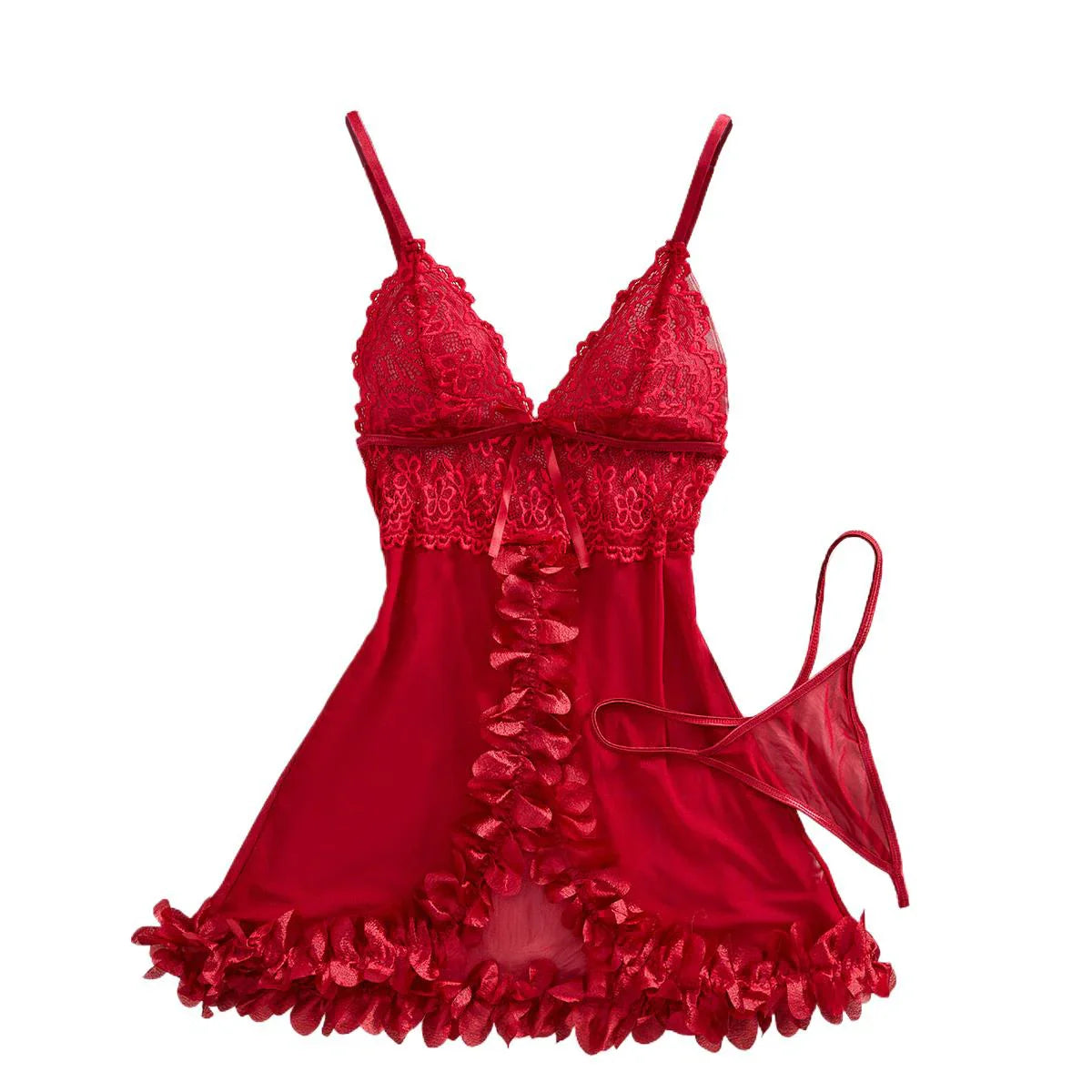 Transparent Lingerie Underwear Flower Edging Lace Nightdress And Thongs Pijamas Sets Female Nighty