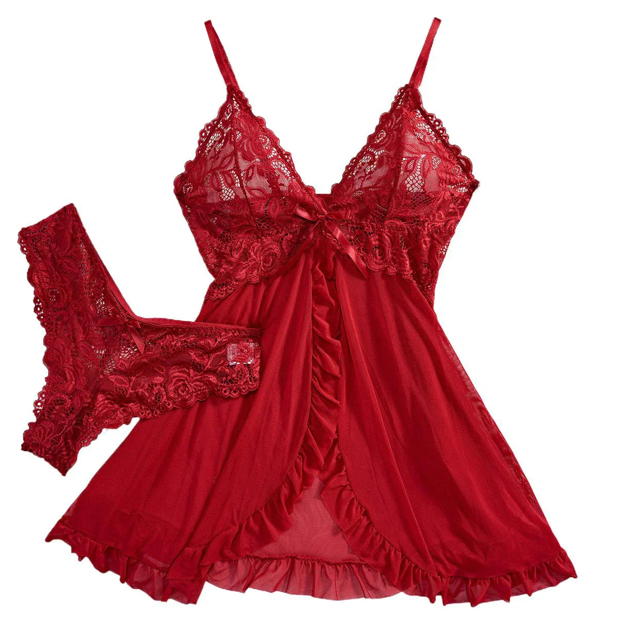 Transparent Red Lingerie Underwear Sleepwear Lace Nightdress And Panty Pijamas Sets Female Nighty