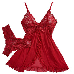 Transparent Red Lingerie Underwear Sleepwear Lace Nightdress And Panty Pijamas Sets Female Nighty