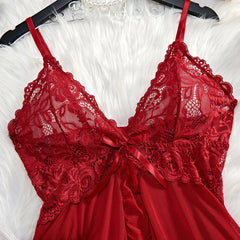 Transparent Red Lingerie Underwear See Through Sleepwear Lace Nightdress And Panty Pijamas Sets Female Nighty