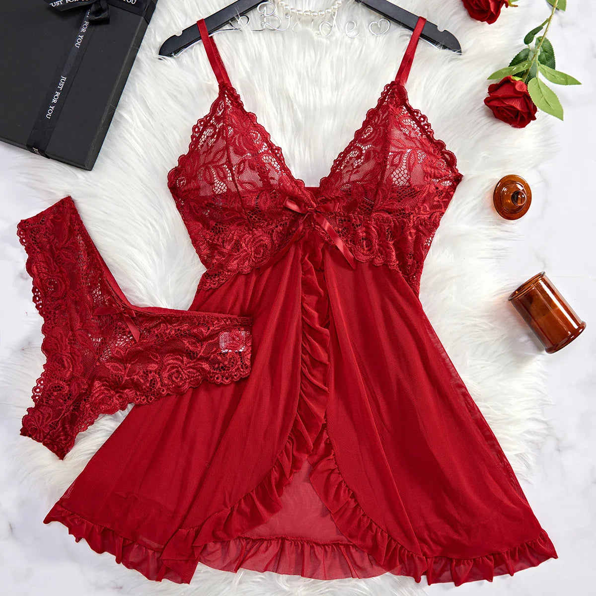 Transparent Red Lingerie Underwear See Through Sleepwear Lace Nightdress And Panty Pijamas Sets Female Nighty