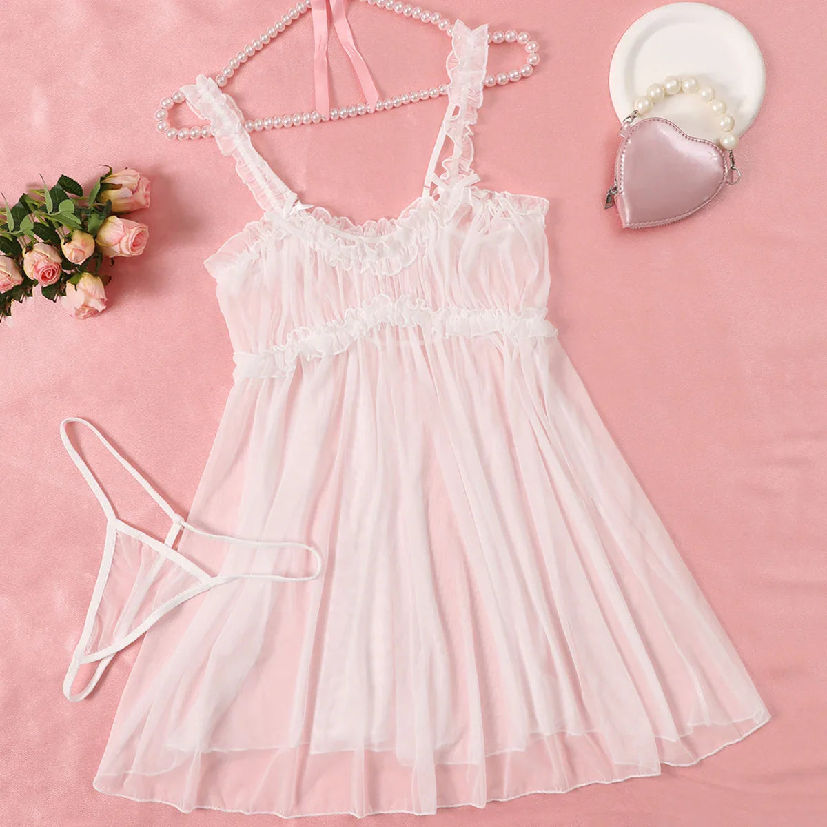 Transparent Seductive Black Porn Night Dress Underwear Sleepwear New Lace Pajama Set Babydoll + Panties