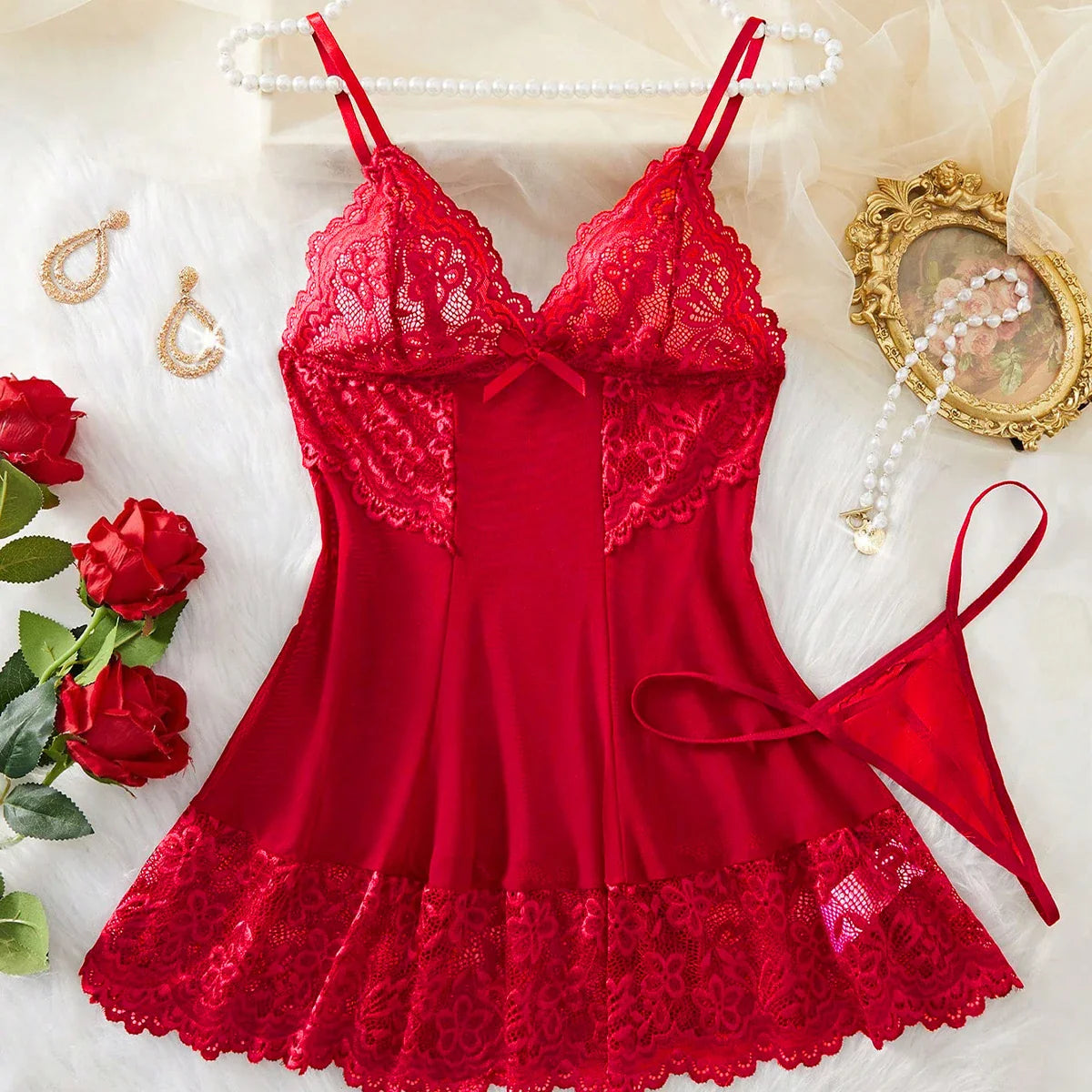 Transparent Lingerie Underwear Deep V See Through Sleepwear Lace Nightdress Thongs Pijamas Sets Female Bodycon Nighty