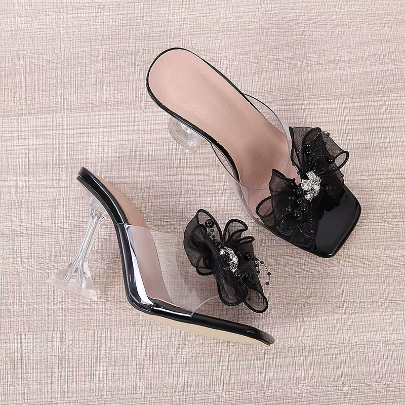 Transparent Shoes Slippers Crystal Flower Square Toe Clear