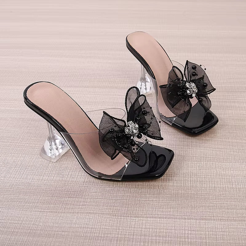 Transparent Shoes Slippers Crystal Flower Square Toe Clear