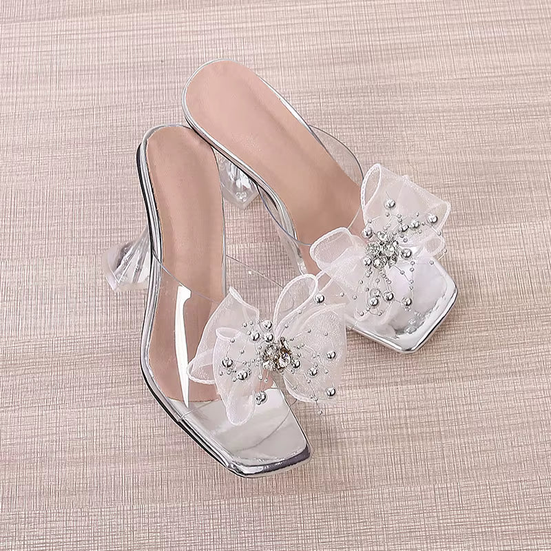 Transparent Shoes Slippers Crystal Flower Square Toe Clear
