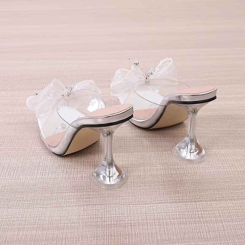 Transparent Shoes Slippers Crystal Flower Square Toe Clear