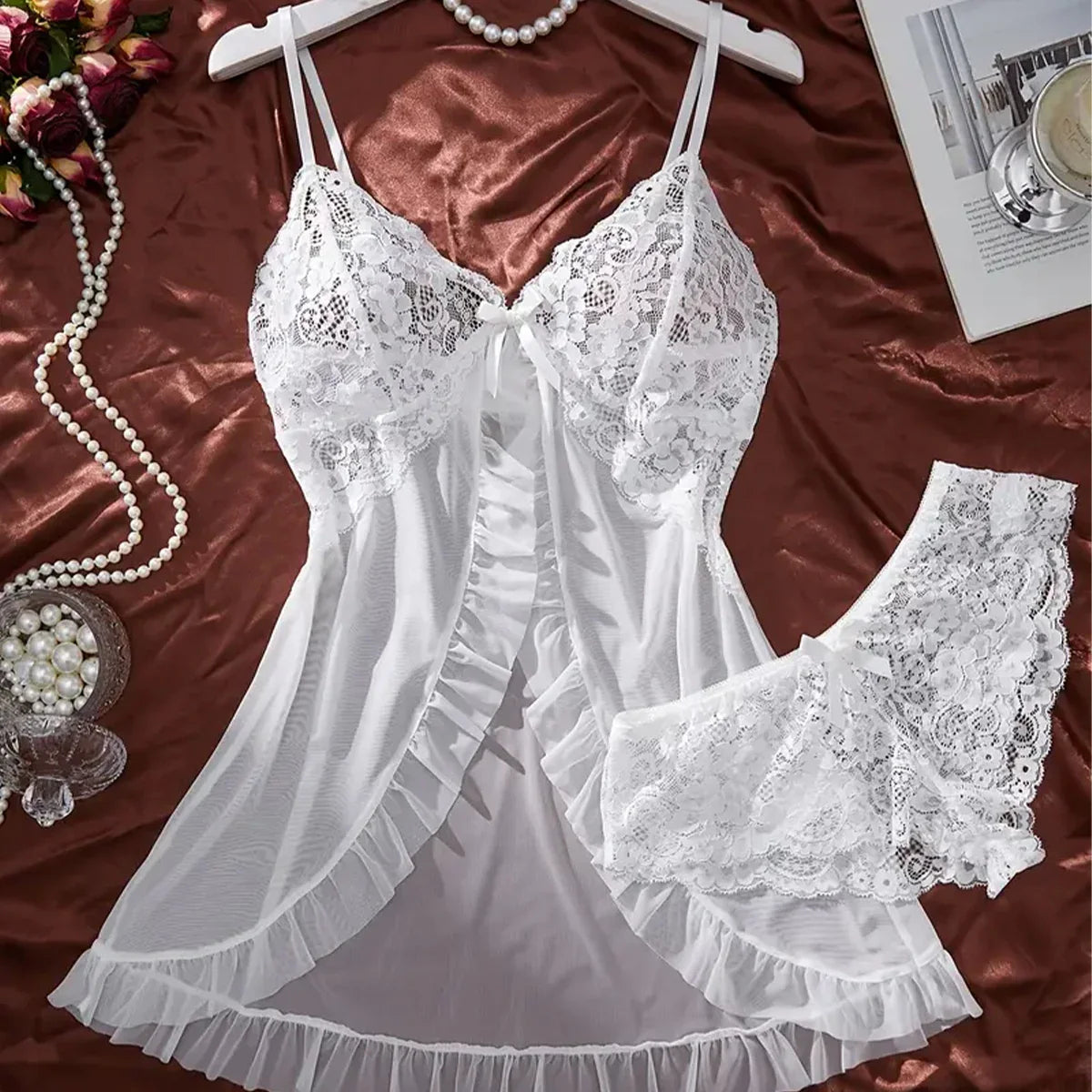 Transparent White Lingerie Underwear Temptation Sleepwear Lace Babydoll Dress Panties Pijamas Set Adult Female Nighty