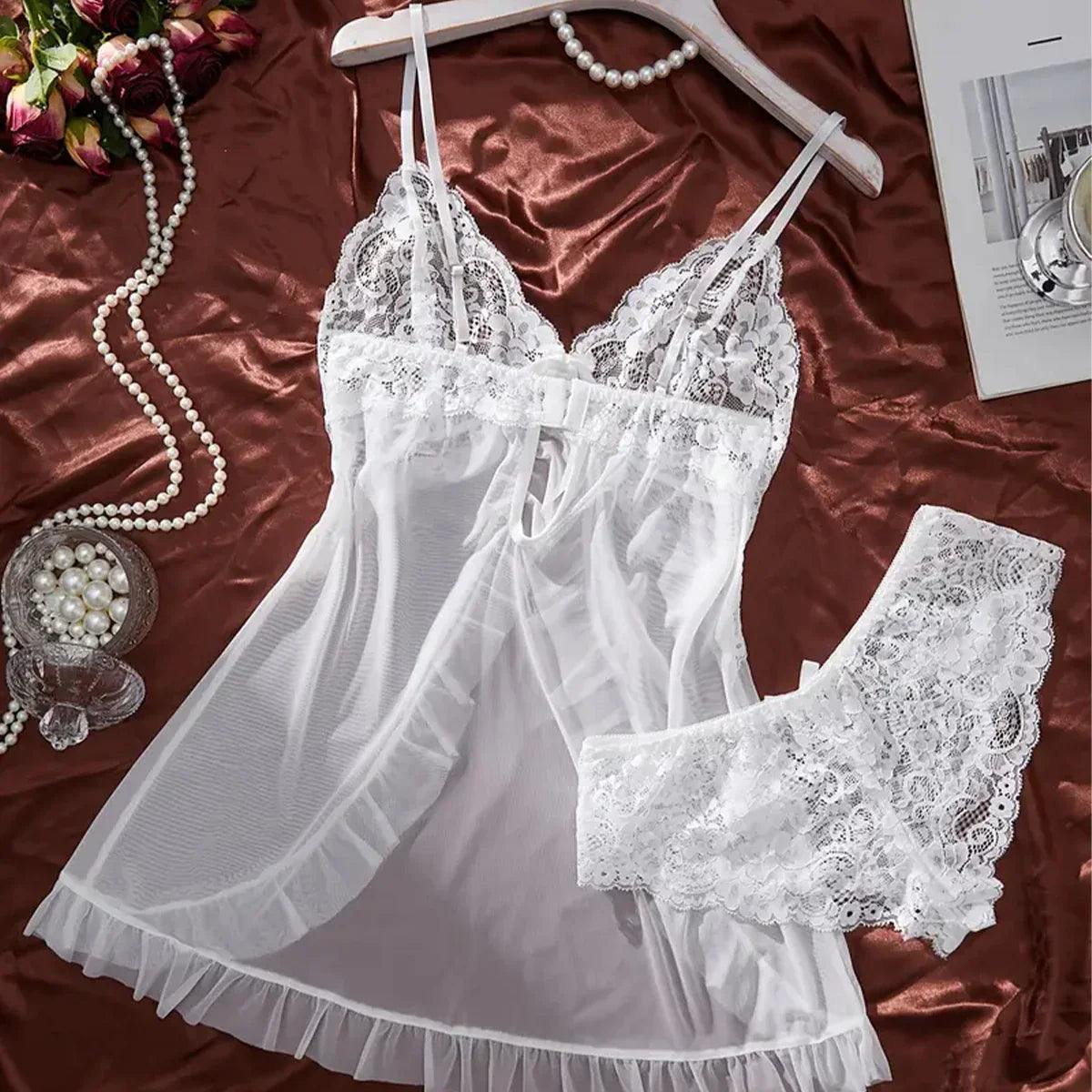 Transparent White Lingerie Underwear Temptation Sleepwear Lace Babydoll Dress Panties Pijamas Set Adult Female Nighty