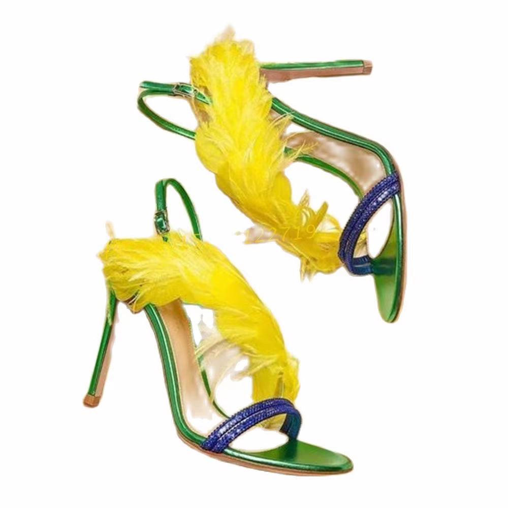 Trendy Feather Sweet Open Heel Party Back Strap Heels Sandals