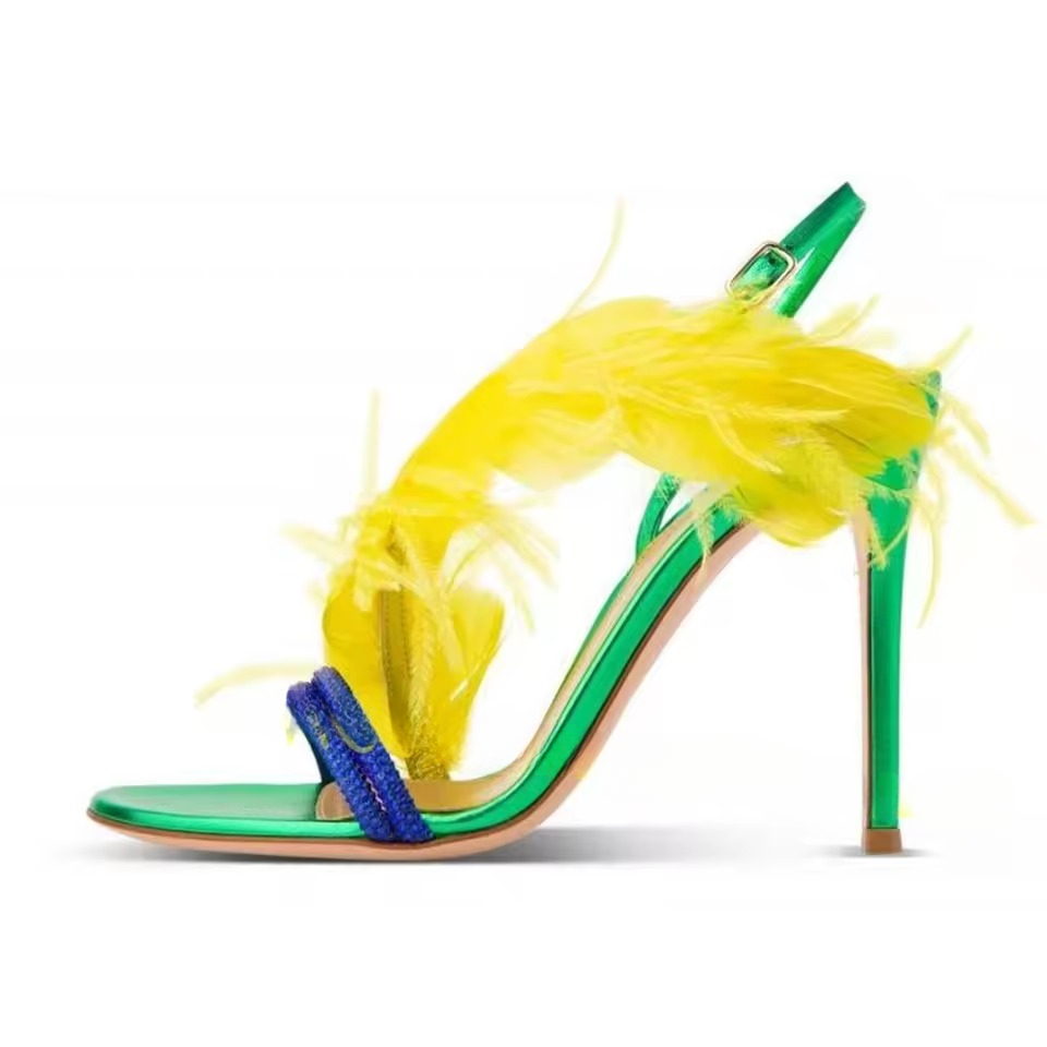 Trendy Feather Sweet Open Heel Party Back Strap Heels Sandals