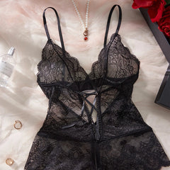 Ultra See Through Nightgown Black V-neck Bra Night Erotic Dress Woman Sheer Pajamas Crotchless Lingerie