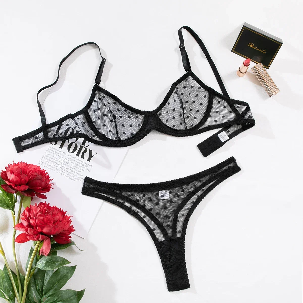 Ultra Thin Transparent Bra and Thong Set Underwear Polka Dot See Through Mesh Sheer Push Up Bras Lingerie Set