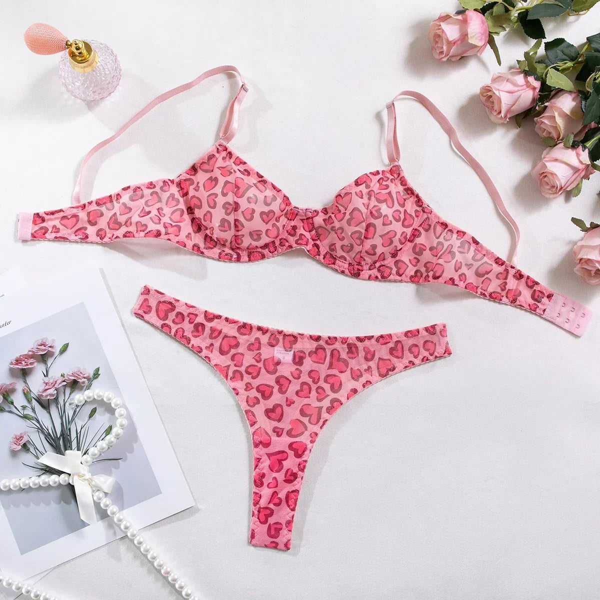Ultra Thin Transparent Bra and Thong Set Underwear Polka Dot See Through Mesh Sheer Push Up Bras Lingerie Set