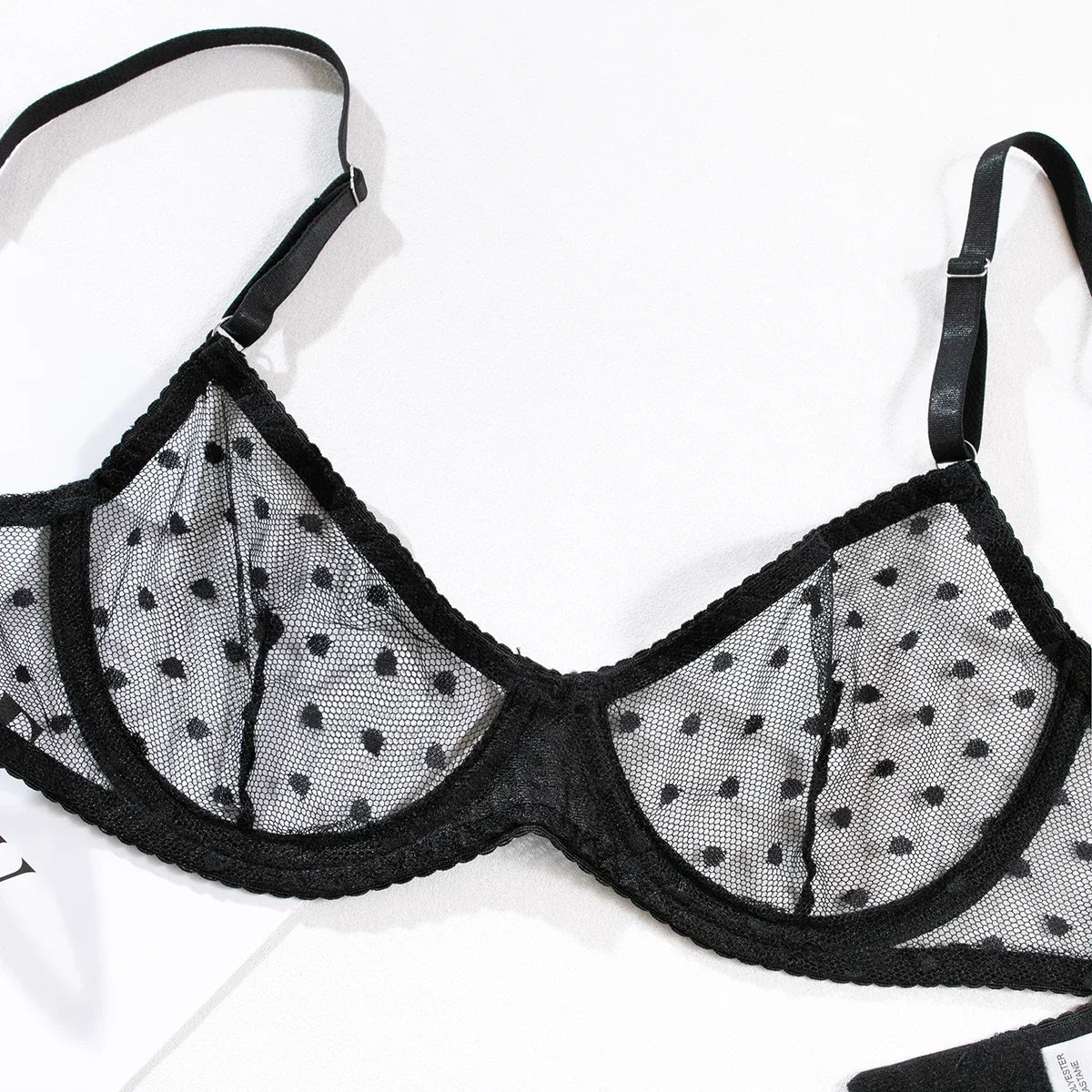Ultra Thin Transparent Bra and Thong Set Underwear Polka Dot See Through Mesh Sheer Push Up Bras Lingerie Set