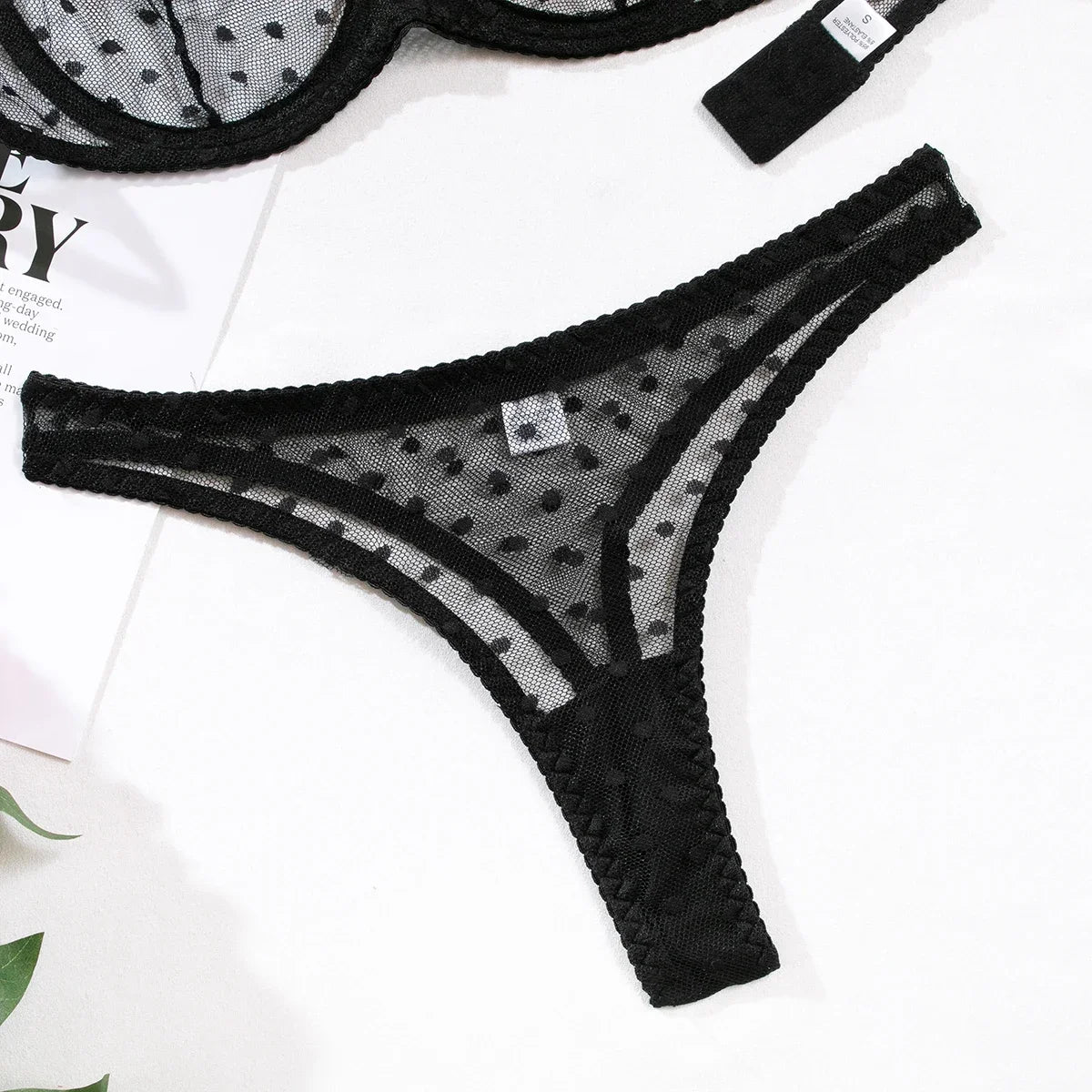 Ultra Thin Transparent Bra and Thong Set Underwear Polka Dot See Through Mesh Sheer Push Up Bras Lingerie Set