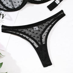 Ultra Thin Transparent Bra and Thong Set Underwear Polka Dot See Through Mesh Sheer Push Up Bras Lingerie Set