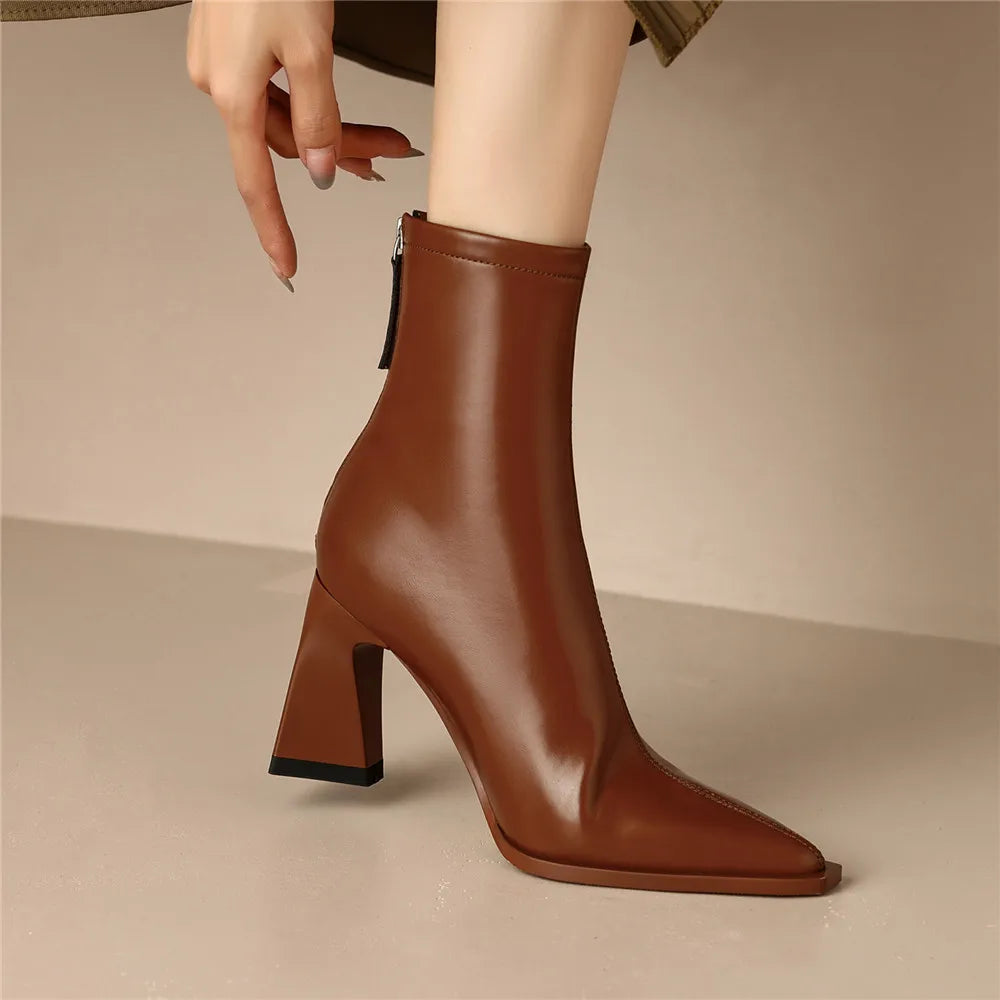 Genuine Leather Pointed Toe Zippers Solid Color Thick Heels Ankle Boots