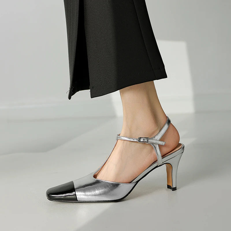 Elegant High Quality Genuine Leather Color T-shaped High Heels