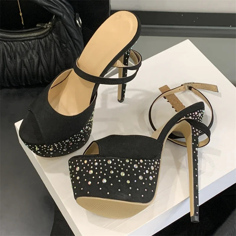 Elegant Rhinestone Glitter Buckle Strap Chunky Platform Ultra High Heels Sandals