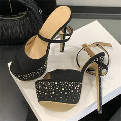 Elegant Rhinestone Glitter Buckle Strap Chunky Platform Ultra High Heels Sandals