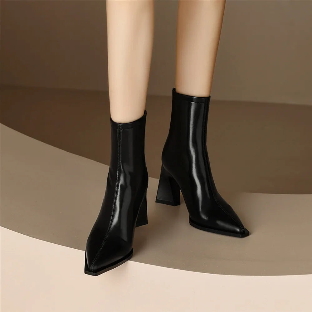 Genuine Leather Pointed Toe Zippers Solid Color Thick Heels Ankle Boots