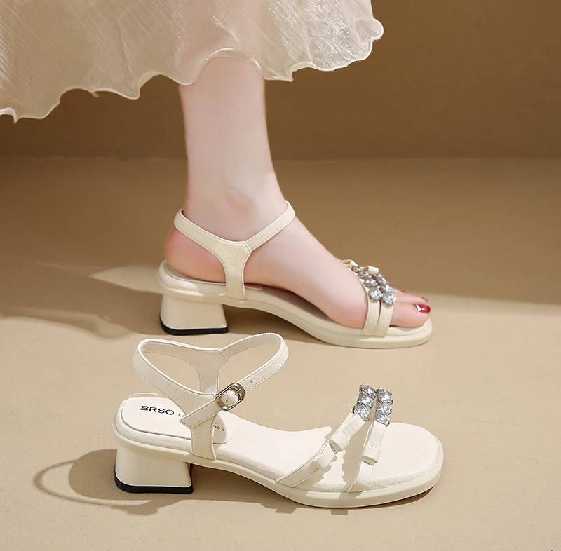 Crystal Narrow Band Back Strap Outdoor Thick Heel Sandals