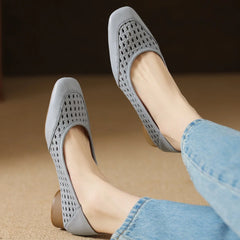 Elegant Hollow-out Sheepskin Patchwork Slip-on Breathable Thick Low Heel Pumps