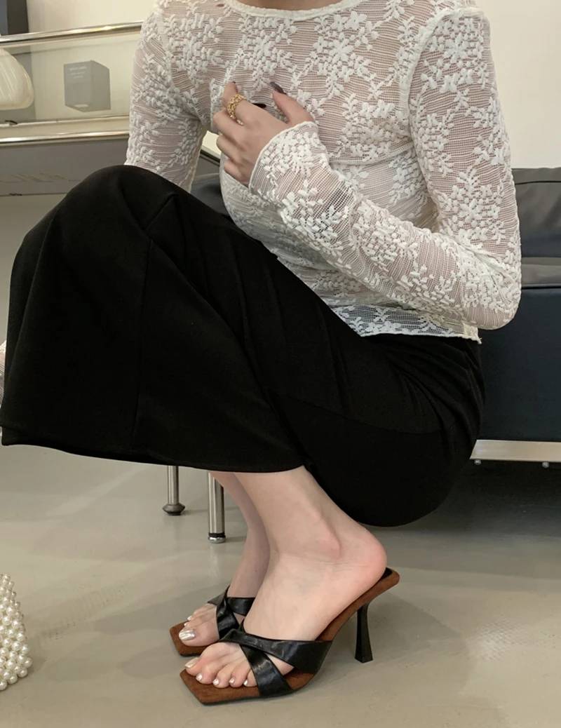 Elegant Retro Style Rubber Square Toe Slip On High Heel Sandals