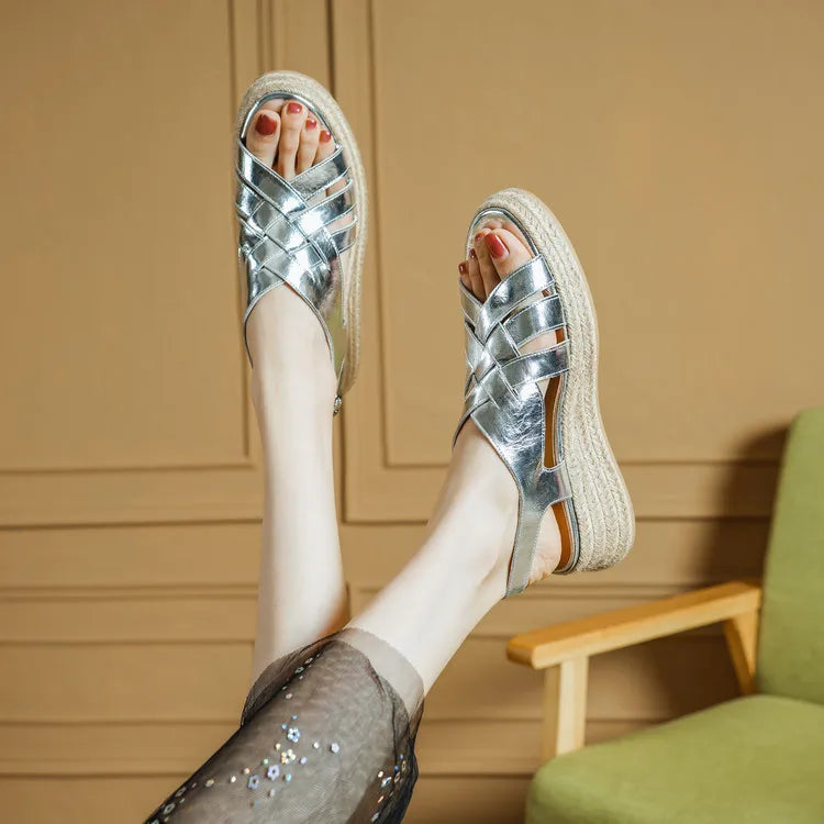 Genuine Leather Band Ankle Strap Round Toe Platform Wedge Sandals