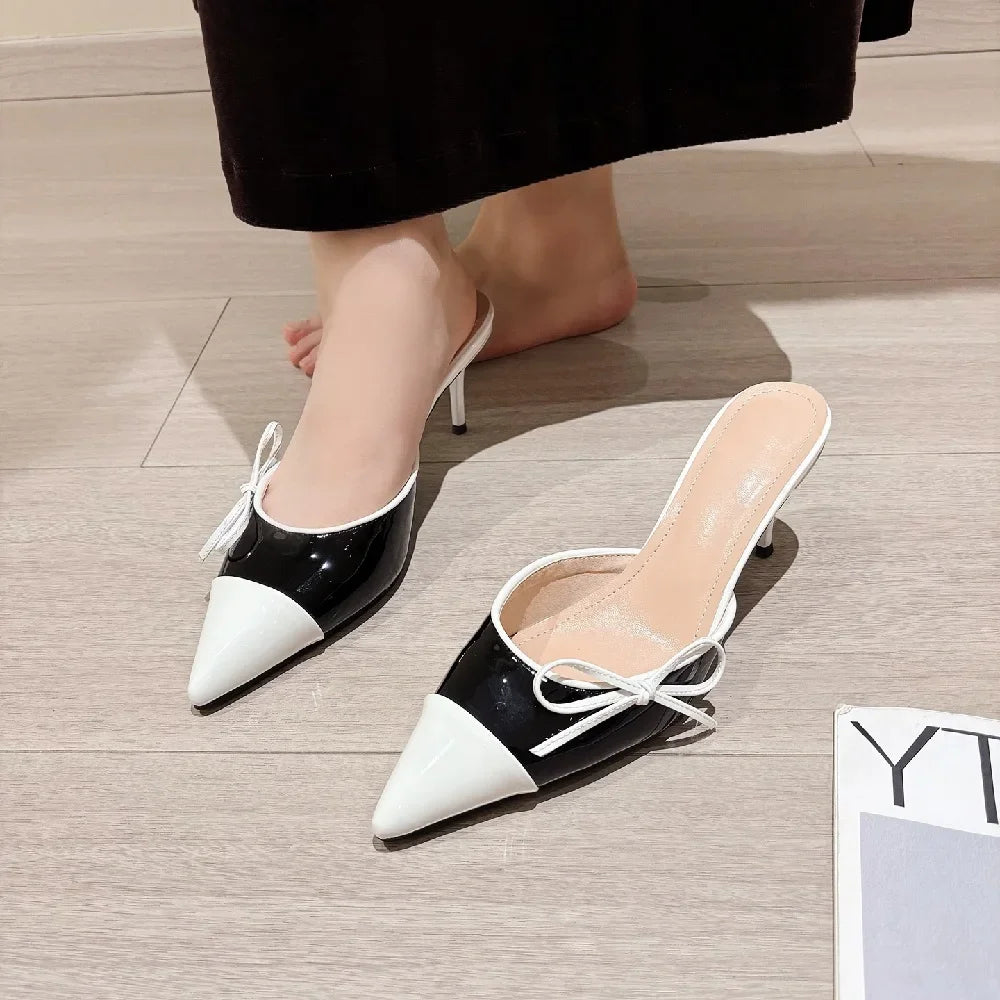 Pearl Design Pointed Toe Bow Mules Shallow Slip On Sling-back High Heels