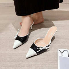 Pearl Design Pointed Toe Bow Mules Shallow Slip On Sling-back High Heels