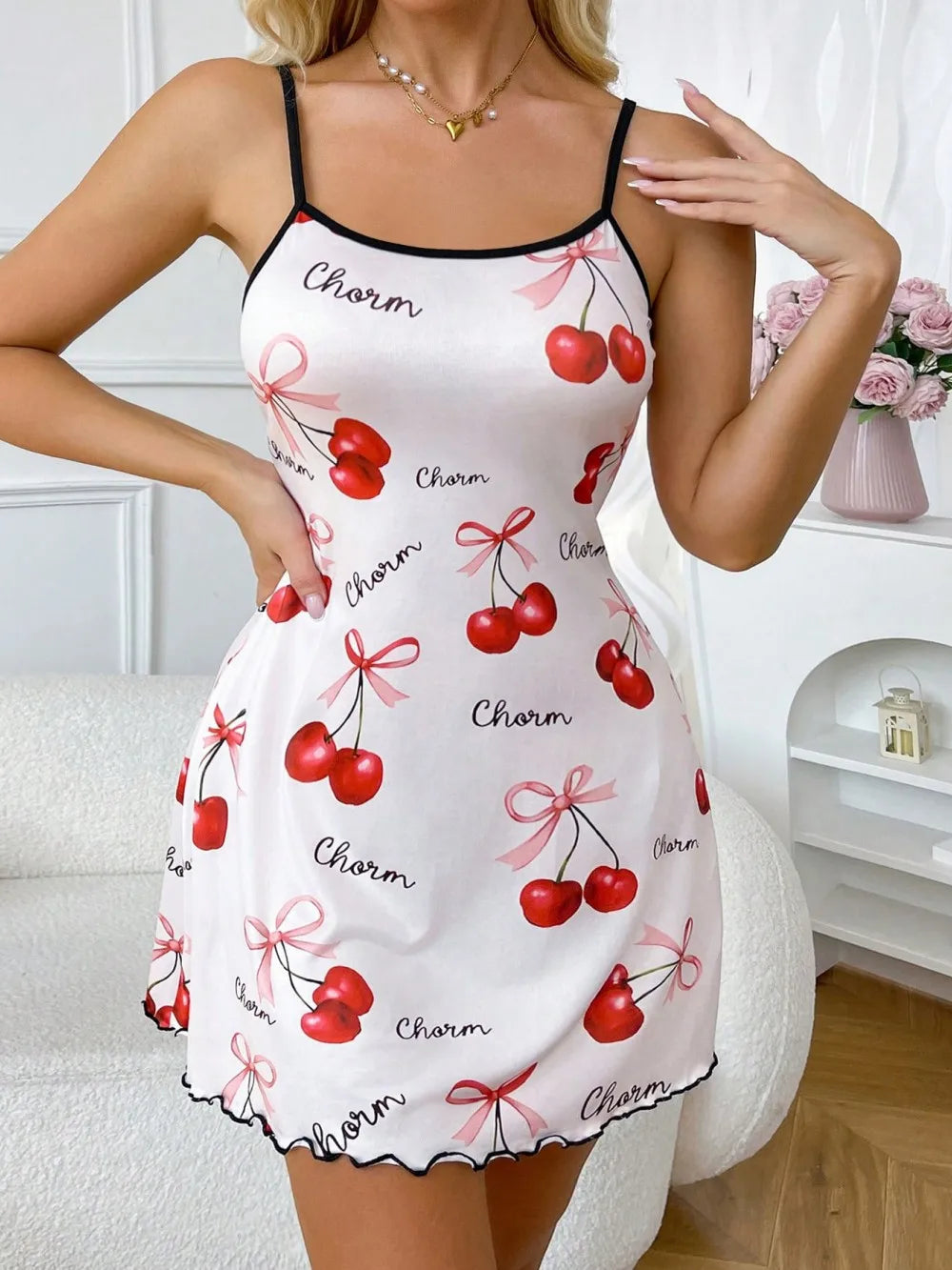 Valentine's Day Cherry Printed Slip Nightdress Sleepwear Straps Sleep Mini Dress Nighties Nightgown Loungewear