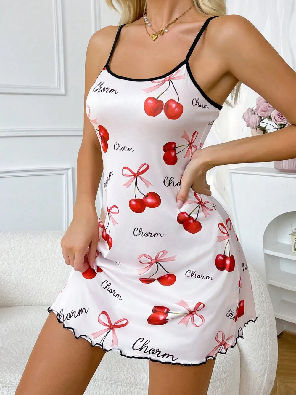 Valentine's Day Cherry Printed Slip Nightdress Sleepwear Straps Sleep Mini Dress Nighties Nightgown Loungewear