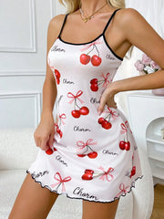 Valentine's Day Cherry Printed Slip Nightdress Sleepwear Straps Sleep Mini Dress Nighties Nightgown Loungewear