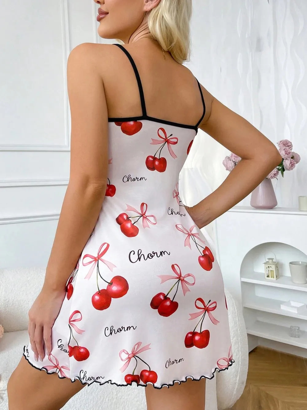 Valentine's Day Cherry Printed Slip Nightdress Sleepwear Straps Sleep Mini Dress Nighties Nightgown Loungewear