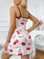 Valentine's Day Cherry Printed Slip Nightdress Sleepwear Straps Sleep Mini Dress Nighties Nightgown Loungewear